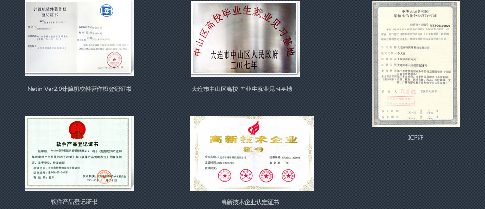 Netin Ver2.0計算機軟件著作權(quán)登記證書;大連市中山區(qū)高校 畢業(yè)生就業(yè)見習(xí)基地;ICP證,軟件產(chǎn)品登記證書,高新技術(shù)企業(yè)認(rèn)定證書